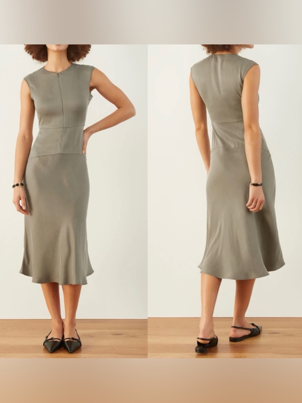 Aday Save the Date Dress in Khaki Zip Up Sleeveless Small Cupro Blend